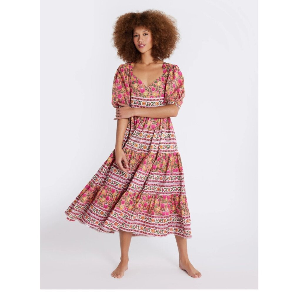 MILLE Resort Maja Dress Passionfruit Block Print Midi Dress Puff Sleeves Tiered